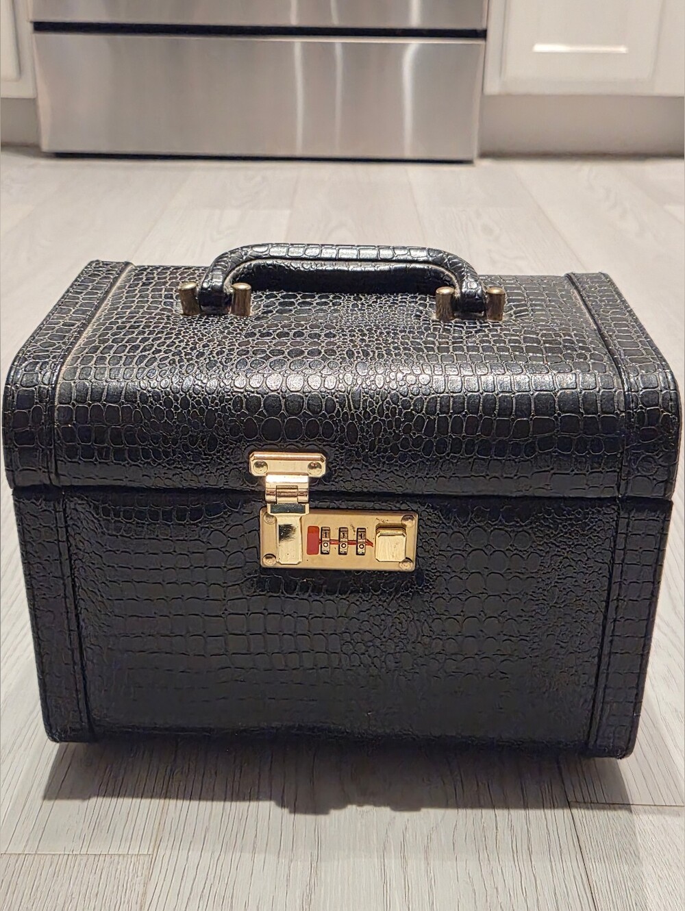 Black Croc-Embossed Travel Jewelry Case with Gold Hardware